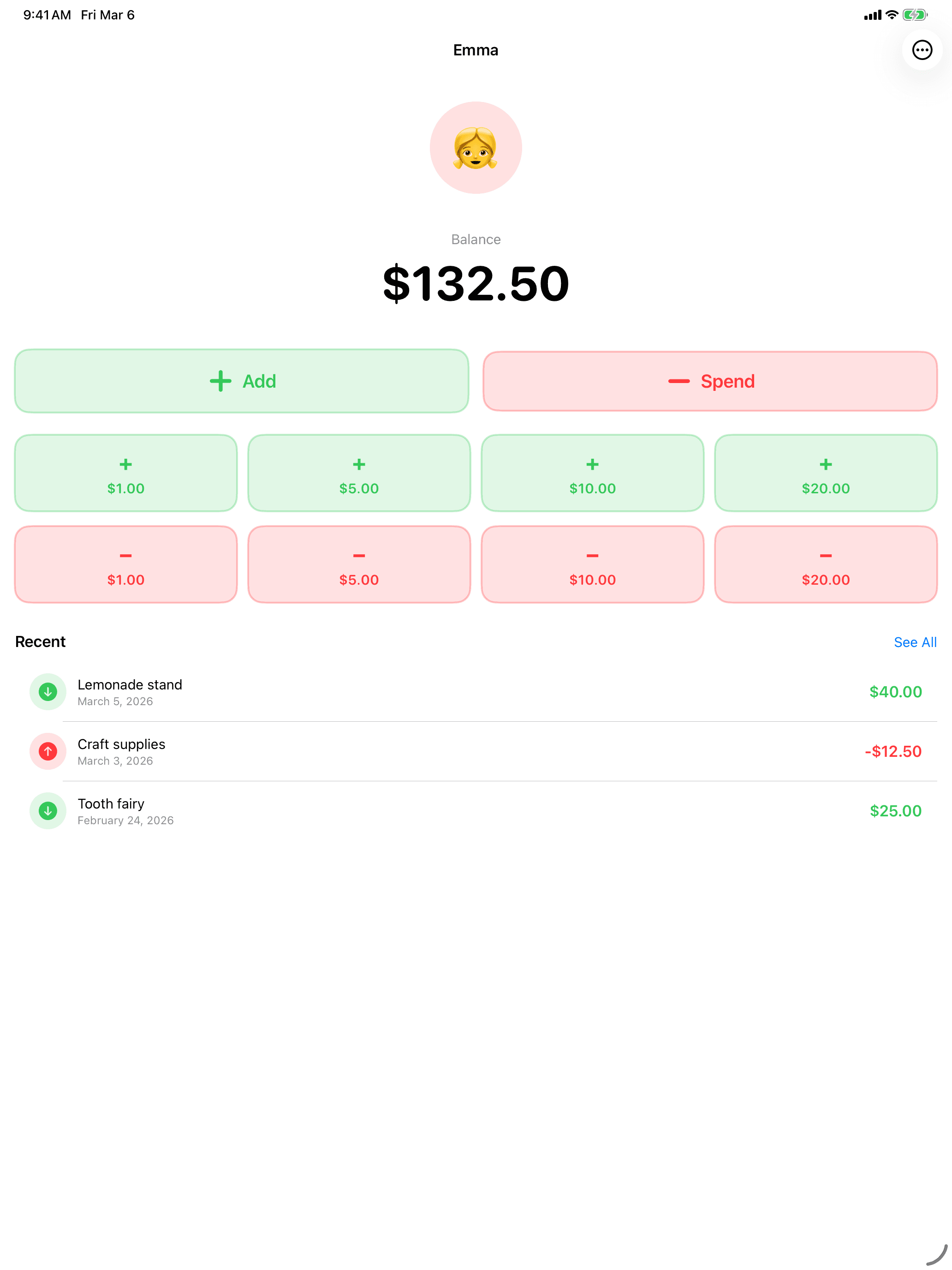 iPad view of a child account balance and transactions